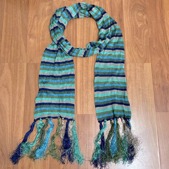 ❤️ Anne Klein Unisex Blue Stripe Fringe Scarf Wrap - Picture 1 of 6